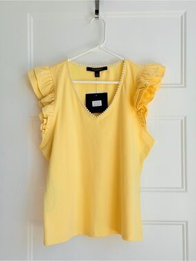 Pearl-Trim Ruffle Sleeve V-Neck Blouse in Soft Yellow